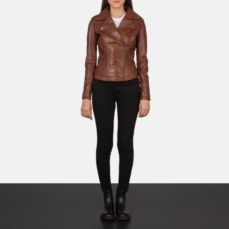Womens Flashback Brown Leather Biker Jacket Full Length-2-1659378441979